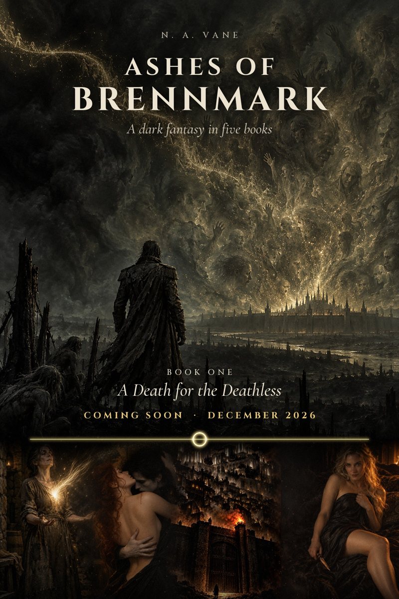 Ashes of Brennmark teaser: a cloaked figure faces a walled city under a sky of drifting faces; below, scenes from the book: a woman with light in her hands, a lovers' embrace, the burning city gate, and a woman holding a knife. Book One, A Death for the Deathless, coming December 2026.